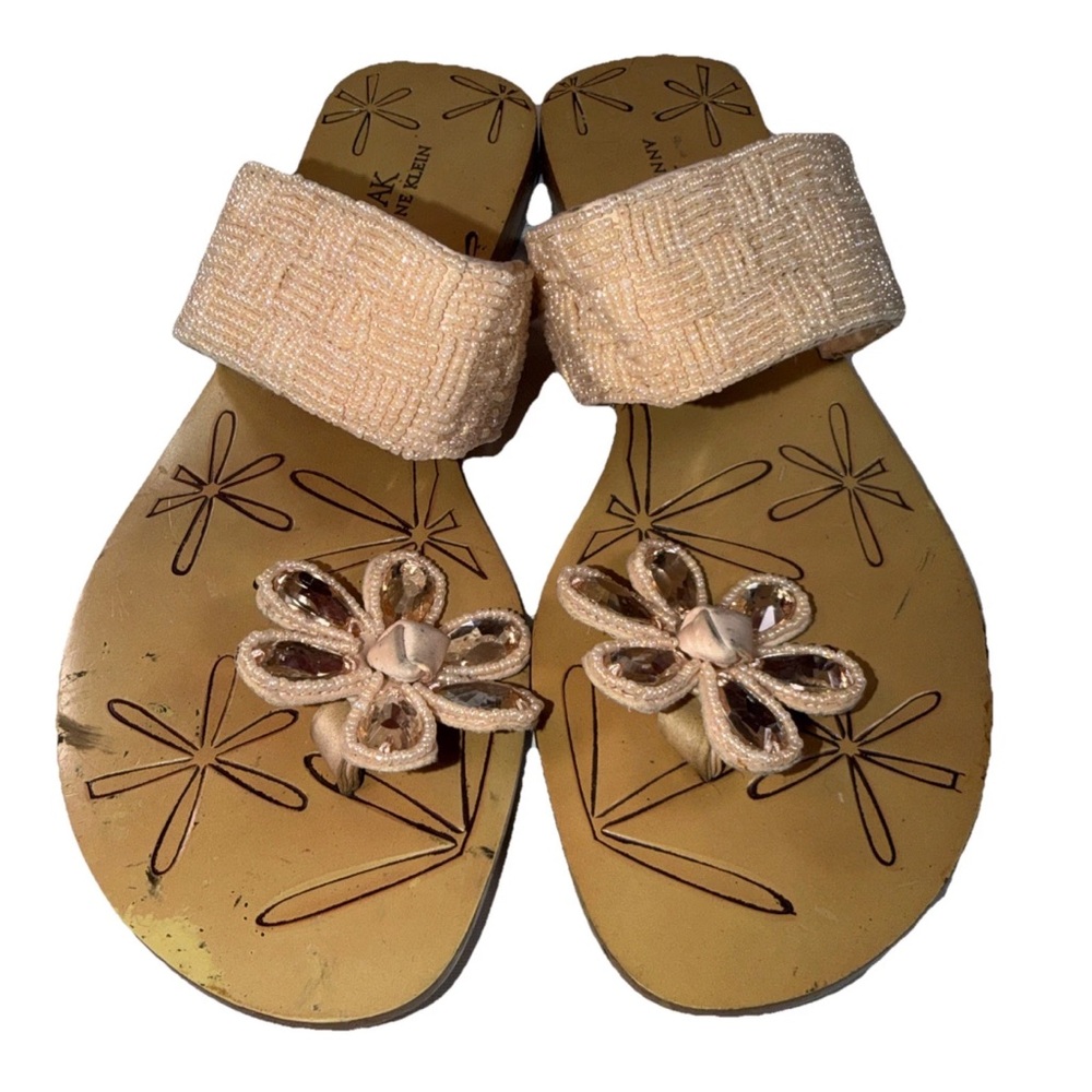 AK Anne Klein Flower Embellished Beaded Flats Slide‎ Sandals Beige Women's 6.5 M